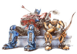 Rule 34 | 2boys, arrow in body, autobot, blue eyes, bow, bow (weapon), bumblebee, bumblebee (film), crossed arms, damaged, hand on own face, highres, holding, holding bow (weapon), holding weapon, mecha, meme, multiple boys, no humans, optimus prime, photo-referenced, robot, science fiction, smoke, transformers, transformers (live action), weapon, xiangbei zhinan