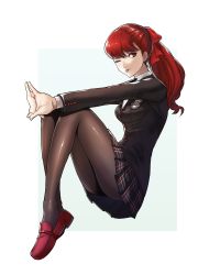 Rule 34 | 1girl, ;p, black jacket, black pantyhose, bow, breasts, buttons, commentary, english commentary, fingers together, hair bow, highres, igusaharu, jacket, long hair, long sleeves, looking at viewer, miniskirt, one eye closed, pantyhose, persona, persona 5, persona 5 the royal, ponytail, red bow, red eyes, red hair, school uniform, shirt, shuujin academy school uniform, simple background, sitting, skirt, smile, solo, tongue, tongue out, uniform, white background, white shirt, yoshizawa kasumi
