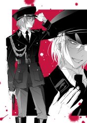 Rule 34 | 2boys, black headwear, black necktie, buttons, closed mouth, collared shirt, commentary, ensemble stars!, glasses, gun, highres, holding, holding gun, holding weapon, lapels, long sleeves, male focus, multiple boys, necktie, pocket, rrr (reason), saegusa ibara, shirt, short hair, tongue, tongue out, weapon