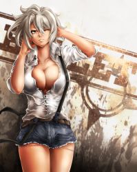 Rule 34 | 1girl, bad id, bad pixiv id, belt, blazblue, blazblue: chronophantasma, breasts, bullet (blazblue), casual, cleavage, denim, denim shorts, highres, huge breasts, large breasts, no bra, one eye closed, scar, scar on face, scar on nose, shashaki, short hair, short shorts, shorts, silver hair, sleeves pushed up, smile, solo, suspenders, thighs, wink, yellow eyes