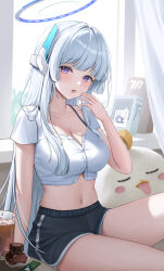 Rule 34 | 1girl, absurdres, blue archive, blue hair, breasts, cleavage, highres, hini ni, indoors, light blue hair, long hair, looking at viewer, noa (blue archive), purple eyes, shirt, short sleeves, solo, thighs, white shirt