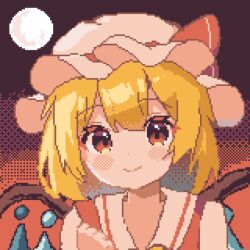 Rule 34 | 1girl, blonde hair, closed mouth, collarbone, commentary request, crystal, flandre scarlet, full moon, hat, hat ribbon, highres, mob cap, moon, nene man, pixel art, red eyes, red ribbon, ribbon, short hair, smile, solo, touhou, upper body, white hat, wings