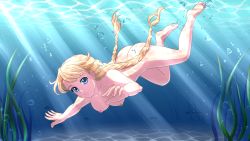 Rule 34 | 1girl, air bubble, ass, barefoot, blonde hair, blue eyes, braid, breasts, breath, bubble, completely nude, everlasting summer, freediving, game cg, highres, holding breath, huyase, long hair, nipples, nude, nudist, original, orika nekoi, skinny dipping, slavya-chan, smile, solo, swimming, travnica, twin braids, underwater, zenra