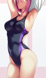 Rule 34 | 1girl, armpits, arms up, bare shoulders, blush, breasts, cleavage, collarbone, competition swimsuit, fate/grand order, fate (series), highres, large breasts, light purple hair, mash kyrielight, one-piece swimsuit, short hair, solar (happymonk), solo, swimsuit