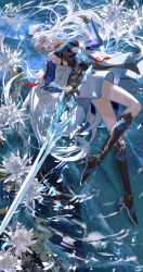 Rule 34 | 1girl, absurdres, black footwear, black gloves, blue dress, boots, chinese commentary, colored eyelashes, commentary request, crystal, detached sleeves, dress, epiphyllum, floating hair, flower, from side, full body, gloves, hair ribbon, high heels, high ponytail, highres, holding, holding sword, holding weapon, honkai: star rail, honkai (series), ice crystal, jingliu (honkai: star rail), knee boots, long hair, looking at viewer, orange eyes, parted lips, ribbon, ripples, simian chuge, skirt, solo, sword, tassel, very long hair, water, weapon, white flower, white hair, white skirt