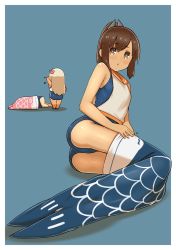 Rule 34 | 10s, 3girls, :o, arm up, ass, back, barefoot, blonde hair, blue one-piece swimsuit, blush, border, breasts, brown hair, capriccyo, chibi, crop top, flower, full body, fume, hair flower, hair ornament, highres, i-401 (kancolle), i-58 (kancolle), kantai collection, kodomo no hi, koinobori, legs together, long hair, looking at viewer, lying, motion lines, multiple girls, on floor, on side, one-piece swimsuit, pink flower, pink hair, ponytail, ro-500 (kancolle), sailor collar, short sleeves, simple background, sitting, sleeveless, small breasts, standing, swimsuit, swimsuit under clothes, tan, wardrobe error, white border, windsock, wiping face, yokozuwari, you&#039;re doing it wrong