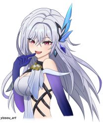 Rule 34 | 1girl, back fin, bare shoulders, black unitard, blush, breasts, butterfly hair ornament, cleavage, detached sleeves, gem, genshin impact, gloves, gradient gloves, gradient sleeves, grey hair, hair ornament, highres, large breasts, long hair, long sleeves, looking at viewer, open mouth, purple eyes, purple sleeves, skirk (genshin impact), smile, solo, white background, yissou art