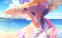 Rule 34 | 1girl, absurdres, aqua hair, beach, bikini, blue sky, braid, breasts, cleavage, cloud, cloudy sky, colored inner hair, commentary, day, drill hair, french braid, from side, hair ribbon, hat, highres, hololive, jacket, long hair, looking at viewer, medium breasts, minato aqua, multicolored hair, ocean, open clothes, open jacket, open mouth, outdoors, purple bikini, purple eyes, purple hair, ribbon, sky, sleeves past wrists, smile, solo, straw hat, streaked hair, striped bikini, striped clothes, swimsuit, twin drills, twintails, two-tone hair, upper body, virtual youtuber, white jacket, yu hydra