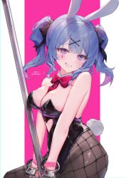 Rule 34 | 1girl, absurdres, animal ears, artist name, blue eyes, blue hair, breasts, cuffs, hair ornament, handcuffs, hatsune miku, heart, heart-shaped pupils, highres, leotard, looking at viewer, medium breasts, naughty face, nekomeen, playboy bunny, pole, rabbit ears, rabbit hole (vocaloid), red ribbon, ribbon, short ponytail, smile, stripper pole, symbol-shaped pupils, teardrop tattoo, twitter username, upper body, vocaloid, x hair ornament
