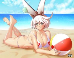 Rule 34 | 1girl, ahoge, aqua eyes, arc system works, ass, ball, bare shoulders, barefoot, beach, bikini, blush, breasts, butt crack, cleavage, clover, downpants, elphelt valentine, four-leaf clover, guilty gear, guilty gear xrd, guilty gear xrd: revelator, jadenkaiba, large breasts, looking at viewer, lying, on stomach, rabbit ears, shiny skin, short hair, smile, solo, swimsuit, the pose, white hair