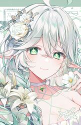 1girl aqua_hair bare_shoulders braid bright_pupils cross-shaped_pupils dress flower genshin_impact green_eyes grey_hair hair_flower hair_ornament long_hair pointy_ears rukkhadevata_(genshin_impact) signature solo symbol-shaped_pupils taya_oco upper_body white_dress white_flower white_pupils