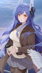 Rule 34 | 1girl, absurdres, alternate costume, black pantyhose, blue hair, blush, breasts, brown jacket, cloud, cloudy sky, commission, cowboy shot, cup, disposable cup, girls&#039; frontline, headpiece, highres, holding, holding cup, ion (on01e), jacket, large breasts, long hair, looking at viewer, open clothes, open jacket, pantyhose, parted lips, pixiv commission, pleated skirt, simple bird, skirt, sky, smile, solo, tar-21 (girls&#039; frontline), yellow eyes