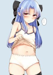 Rule 34 | 1girl, bad id, bad twitter id, black thighhighs, blue hair, blush, bow, camisole, camisole lift, clothes lift, jirou (tamaho39), len (tsukihime), long hair, melty blood, navel, panties, pointy ears, red eyes, ribbon, solo, thighhighs, tsukihime, underwear, underwear only, white panties