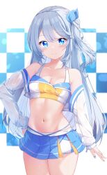 Rule 34 | 1girl, blue eyes, blue nails, blue ribbon, blue skirt, blush, breasts, checkered background, cleavage, closed mouth, collarbone, commentary request, commission, cowboy shot, cropped jacket, fuuna, grey hair, hair between eyes, hair ribbon, hand on own hip, highres, jacket, long hair, long sleeves, looking at viewer, medium breasts, nail polish, navel, off shoulder, one side up, open clothes, open jacket, original, partial commentary, pleated skirt, puffy long sleeves, puffy sleeves, race queen, ribbon, see-through, skeb commission, skirt, sleeves past wrists, smile, solo, standing, very long hair, white background, white jacket