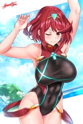 Rule 34 | 1girl, absurdres, aqua background, black one-piece swimsuit, breasts, casual one-piece swimsuit, competition swimsuit, covered navel, cowboy shot, highres, large breasts, looking at viewer, nez-box, nintendo, one-piece swimsuit, one eye closed, pyra (pro swimmer) (xenoblade), pyra (xenoblade), red hair, short hair, signature, smile, solo, standing, swept bangs, swimsuit, tiara, turtleneck, xenoblade chronicles (series), xenoblade chronicles 2