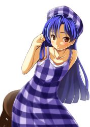 1girl beret blue_hair blush brown_eyes dress female_focus hat idolmaster idolmaster_(classic) kisaragi_chihaya long_hair minase_nagi plaid smile solo