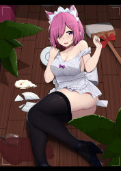 Rule 34 | 1girl, alcohol, alternate costume, animal ears, apron, ass, bare arms, bare shoulders, black footwear, black thighhighs, blush, breasts, broken plate, broom, cake, cat ears, cleavage, commentary request, cup, drinking glass, eyes visible through hair, fate/grand order, fate (series), food, hair over one eye, high heels, highres, l.tea, looking at viewer, lying, maid headdress, mash kyrielight, naked apron, on ground, panties, plate, purple eyes, red ribbon, ribbon, short hair, solo, thighhighs, underwear, white panties, wine, wine glass
