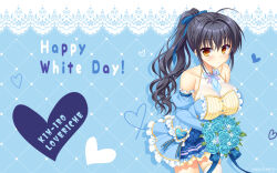 Rule 34 | 1girl, ahoge, alternate costume, alternate hairstyle, arisue tsukasa, bare shoulders, black thighhighs, blue background, blue dress, blue flower, blue necktie, blue ribbon, blue rose, blush, bouquet, breasts, brown eyes, character name, cleavage, closed mouth, collarbone, company name, copyright name, cowboy shot, detached sleeves, dress, eyes visible through hair, flower, frilled dress, frills, hair between eyes, hair ribbon, happy white day, heart, highres, holding, holding bouquet, huge breasts, jougasaki ayaka, juliet sleeves, kin-iro loveriche, long hair, long sleeves, looking at viewer, necktie, official art, official wallpaper, ponytail, puffy sleeves, ribbon, rose, short dress, short necktie, simple background, sleeveless, sleeveless dress, solo, thighhighs, wavy hair, white day