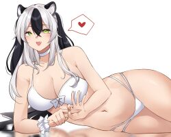 Rule 34 | 1girl, animal ears, bare arms, bare shoulders, black hair, blush, breasts, choker, cleavage, collarbone, commentary, commission, cowboy shot, green eyes, hair between eyes, heart, highres, large breasts, long hair, lying, multicolored hair, navel, on side, open mouth, original, panda ears, pinepin, simple background, solo, spoken heart, stomach, thighs, two-tone hair, two side up, white background, white choker, white hair, wrist cuffs