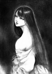 Rule 34 | 1girl, commentary request, from side, graphite (medium), greyscale, half-closed eyes, hane (azelye), long hair, long sleeves, monochrome, off shoulder, original, parted lips, skull, solo, traditional media