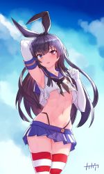 Rule 34 | 1girl, absurdres, arm up, armpits, arpeggio kaga, bare shoulders, black hair, blue skirt, commentary request, cosplay, cowboy shot, crop top, crop top overhang, elbow gloves, gloves, groin, hair ribbon, hand up, highleg, highres, juujou hiyori, kantai collection, long hair, looking at viewer, lowleg, microskirt, midriff, miniskirt, navel, neckerchief, open mouth, pleated skirt, red eyes, ribbon, sailor collar, school uniform, serafuku, shimakaze (kancolle), shimakaze (kancolle) (cosplay), shirt, skindentation, skirt, sleeveless, sleeveless shirt, solo, stomach, striped clothes, striped thighhighs, thighhighs, thong, toji no miko, v-shaped eyebrows, white gloves, white shirt, zettai ryouiki