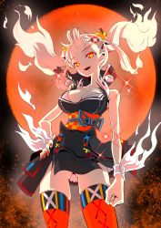 Rule 34 | 1girl, bare arms, breasts, cleavage, dress, full moon, glowing, glowing eyes, hair ornament, hand on own hip, highres, hirakata masahiro, kaguya luna, looking at viewer, moon, nail polish, night, obi, open mouth, red eyes, red moon, sash, sleeveless, sleeveless dress, smile, solo, sparkle, standing, the moon studio, thighhighs, twintails, virtual youtuber, white hair, wind, wind lift, yellow pupils, zettai ryouiki