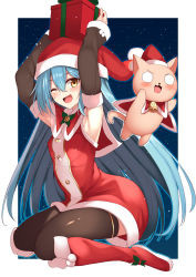 Rule 34 | 1girl, :3, ;d, armpits, arms up, bell, blue hair, blush, boots, box, brown thighhighs, capelet, cat, christmas, collar, commentary request, detached sleeves, dress, facial scar, full body, gift, gift box, hair between eyes, hat, highres, holding, holding gift, holly, long hair, long sleeves, looking at viewer, mahcdai, night, night sky, o o, object on head, one eye closed, open mouth, original, planol note, pom pom (clothes), red capelet, red collar, red dress, red footwear, red headwear, santa costume, santa hat, scar, scar on cheek, scar on face, shiny clothes, short dress, sitting, sky, sleeveless, sleeveless dress, smile, thighhighs, very long hair, wariza, yellow eyes