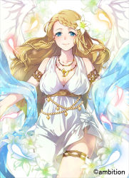 Rule 34 | 1girl, armband, bare shoulders, blonde hair, blue eyes, blush, braid, breasts, cleavage, dress, flower, hair flower, hair ornament, himekiss, jewelry, large breasts, lily (flower), long hair, looking at viewer, maru-kichi, necklace, official art, outstretched arms, smile, solo, thigh strap, white dress, white wings, wings