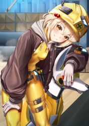 Rule 34 | 1girl, absurdres, belt, blonde hair, blush, bodysuit, breasts, brown jacket, commentary, construction site, feet out of frame, gloves, goddess of victory: nikke, grin, hair between eyes, hair bobbles, hair ornament, hand on own knee, hard hat, helmet, highres, hood, hooded jacket, jacket, latex, latex bodysuit, leaning forward, liter (nikke), looking at viewer, manjo (warito), non-humanoid robot, open clothes, open jacket, orange eyes, robot, robot animal, robot dog, science fiction, short hair, skin tight, small breasts, smile, solo, standing, thigh strap, utility belt, walkie-talkie, white gloves, yellow bodysuit