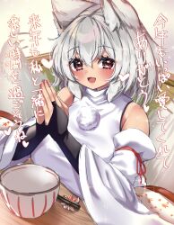 Rule 34 | 1girl, afterimage, animal ears, bare shoulders, blush, bowl, breast rest, breasts, breasts on table, bridal gauntlets, commentary request, detached sleeves, eyelashes, grey hair, hair between eyes, hands up, heart, highres, huge breasts, indoors, inubashiri momiji, kotatsu, looking at viewer, medium hair, motion lines, onomiya, open mouth, own hands together, pom pom (clothes), red eyes, shirt, smile, solo, sparkle, table, tail, tail wagging, touhou, translation request, upper body, white shirt, wide sleeves, wolf ears, wolf girl, wolf tail