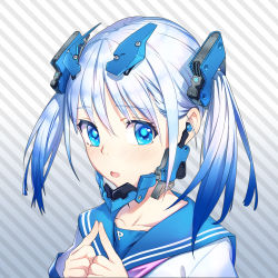 Rule 34 | 1girl, blue eyes, blue hair, blush, fingers together, hair ornament, highres, index fingers together, looking at viewer, mhk (mechamania), multicolored hair, open mouth, original, school swimsuit, silver hair, solo, swimsuit, twintails, two-tone hair