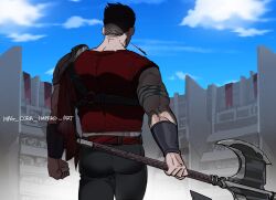 Rule 34 | 1boy, armor, artist name, axe, back, bandaged arm, bandages, black hair, blood, cape, cloud, cloudy sky, colosseum, darius (league of legends), gauntlets, highres, holding, holding axe, holding weapon, league of legends, mag cora imparo, male focus, muscular, muscular male, outdoors, pants, shirt, short hair, shoulder armor, signature, single shoulder pad, sky, solo, spitting, spitting blood, thick arms, weapon