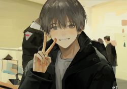 Rule 34 | 1boy, 4others, black jacket, blush, brown hair, et atr3, hair between eyes, highres, indoors, jacket, light blush, male focus, multiple others, original, parted lips, signature, sketch, sleeves past wrists, smile, solo focus, teeth, upper body, v