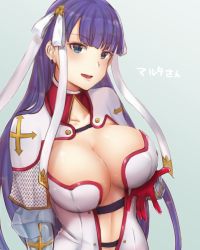 Rule 34 | 1girl, blue eyes, blush, breast lift, breasts, capelet, cleavage, fate/grand order, fate (series), gauntlets, gradient background, hair ribbon, large breasts, long hair, looking at viewer, martha (fate), moshoko (mizuneroku), open mouth, purple hair, ribbon, simple background, smile, solo