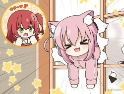Rule 34 | &gt; &lt;, 2girls, :d, animal ears, bocchi the rock!, cat day, cat ears, chibi, chibi inset, closed eyes, commentary request, cube hair ornament, emphasis lines, fang, gotoh hitori, green eyes, hair between eyes, hair ornament, hands on own face, hands up, hole, kemonomimi mode, kita ikuyo, long hair, mini person, minigirl, mitya, multiple girls, one side up, open mouth, pink hair, red hair, sailor collar, shirt, shouji, sliding doors, smile, star (symbol), through door, translation request, twitter username, wavy mouth, white sailor collar, white shirt, xd
