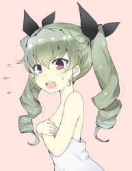 Rule 34 | 10s, 1girl, anchovy (girls und panzer), black ribbon, commentary request, covering privates, covering breasts, drill hair, flying sweatdrops, from side, frown, gedou (ge ge gedou), girls und panzer, green hair, hair ribbon, long hair, looking at viewer, naked towel, open mouth, pink background, red eyes, ribbon, solo, standing, sweatdrop, tearing up, towel, twin drills, twintails, upper body, white towel