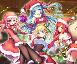 Rule 34 | 4girls, :d, :o, :q, armor blitz, armpit peek, ass, back, bare shoulders, bell, belt, bent over, black legwear, blonde hair, blue eyes, blue hair, blush, boots, bow, bowtie, box, breasts, brown footwear, buttons, capelet, choker, christmas, christmas lights, christmas tree, cleavage, cleavage cutout, closed mouth, clothing cutout, crop top, detached sleeves, dress, earmuffs, elbow gloves, floating hair, from behind, fur-trimmed capelet, fur-trimmed dress, fur-trimmed gloves, fur-trimmed skirt, fur-trimmed sleeves, fur trim, garter straps, gift, gift box, gloves, glowing, green eyes, green neckwear, green ribbon, hair between eyes, hair ribbon, hands up, hat, heart cutout, holding, holding gift, holding sack, kibii mocha, knees up, large breasts, leg up, light rays, long hair, long sleeves, looking at viewer, looking back, medium breasts, midriff, miniskirt, multiple girls, namie-kun, official art, okazu (eightstudio), one side up, open mouth, orange eyes, pantyhose, parted lips, pink hair, pinky out, pom pom (clothes), purple eyes, rabbit tail, red choker, red dress, red gloves, red hair, red headwear, red ribbon, red scarf, red shirt, red skirt, ribbon, sack, santa costume, santa hat, scarf, shirt, short hair, shoulder blades, sidelocks, skirt, sleeveless, sleeveless shirt, smile, snowflakes, standing, standing on one leg, star (symbol), swept bangs, tail, tareme, tenmuki, thighband pantyhose, thighhighs, thighs, tongue, tongue out, underbust, white capelet, white legwear, white shirt, wide sleeves, zettai ryouiki