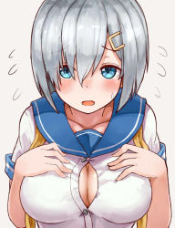 Rule 34 | 10s, 1girl, blue eyes, blush, breast suppress, breasts, cleavage, flying sweatdrops, hair ornament, hair over one eye, hairpin, hamakaze (kancolle), highres, kantai collection, large breasts, looking at viewer, md5 mismatch, okitsugu, resized, resolution mismatch, school uniform, serafuku, short hair, silver hair, solo, source smaller, sweat, upscaled