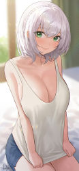 Rule 34 | 1girl, alternate costume, backlighting, bare arms, bare shoulders, bed sheet, blue shorts, blush, braid, breasts, casual, cleavage, closed mouth, collarbone, green eyes, highres, hololive, indoors, large breasts, looking at viewer, mole, mole on breast, nhaliz, on bed, shirogane noel, short hair, short shorts, shorts, signature, silver hair, sitting, sleeveless, smile, solo, tank top, virtual youtuber, white tank top