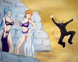 Rule 34 | 1boy, 2girls, absurdres, breasts, cleavage, dress, highres, large breasts, long dress, long hair, multiple girls, nami (one piece), nefertari vivi, one piece, pussy, sanji (one piece), smile, takebuchi, tattoo