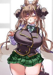 Rule 34 | 1girl, animal ears, bag, black vest, blush, breasts, brown hair, closed eyes, earrings, extra ears, galleon (granblue fantasy), gold trim, granblue fantasy, green ribbon, green skirt, hair between eyes, highres, horns, jewelry, large breasts, long hair, long sleeves, multicolored hair, open mouth, osakana (rrg0123), pointing, pointy ears, ribbon, school bag, school uniform, shirt, skirt, solo, streaked hair, thick thighs, thighs, very long hair, vest, white shirt