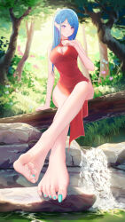 Rule 34 | 1girl, barefoot, blue hair, breasts, china dress, chinese clothes, cleavage, cleavage cutout, clothing cutout, dress, feet, forest, highres, large breasts, long hair, looking at viewer, nail polish, nature, parted lips, purple eyes, sitting, soles, solo, toenail polish, toenails, toes, tree