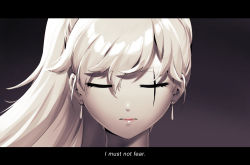 Rule 34 | 1girl, absurdres, close-up, closed eyes, dune (series), earrings, english text, highres, jewelry, letterboxed, lips, long hair, lulu-chan92, parody, rwby, scar, scar across eye, scar on face, sepia, side ponytail, silver hair, solo, subtitled, weiss schnee