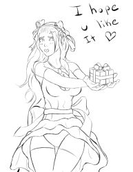 Rule 34 | 1girl, blackknight23, bow, breasts, christmas, clothes lift, dress, female focus, gift, lineart, mistletoe, monochrome, noah (p&amp;d), puzzle &amp; dragons, ribbon, simple background, sketch, skirt, skirt lift, solo, tagme, white background