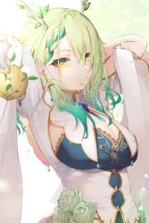 Rule 34 | 1girl, absurdres, antlers, apple, braid, braided bangs, breasts, ceres fauna, cleavage, cleavage cutout, clothing cutout, flower, food, framed breasts, french braid, fruit, green flower, green hair, highres, hololive, hololive english, horns, large breasts, leaf, long hair, megu (pixiv9460065), mole, mole under eye, single braid, smile, solo, virtual youtuber, yellow eyes