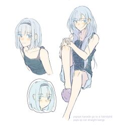 Rule 34 | 1girl, bare shoulders, blue eyes, commentary, dolphin shorts, hairband, highres, long hair, looking at viewer, md5 mismatch, multiple views, plutoful, project sekai, short hair, shorts, simple background, sitting, sleeveless, tank top, white background, yoisaki kanade
