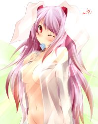 Rule 34 | 1girl, animal ears, bad id, bad pixiv id, bare shoulders, blush, breasts, cleavage, condom, condom in mouth, female focus, jimo, large breasts, long hair, mouth hold, navel, open clothes, open shirt, purple hair, rabbit ears, red eyes, reisen udongein inaba, see-through, shirt, solo, touhou, undressing