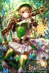 Rule 34 | 1girl, armor, armored boots, belt, blonde hair, boots, breasts, collarbone, copyright name, day, detached sleeves, elf, forest, gabiran, gloves, grand sphere, green hat, green thighhighs, gun, hair between eyes, hat, holding, holding gun, holding weapon, jewelry, knife, long hair, looking at viewer, miniskirt, nature, necklace, outdoors, pleated skirt, pointy ears, red eyes, rifle, sheath, skirt, sleeveless, small breasts, solo, thighhighs, tree, weapon, white gloves, white skirt
