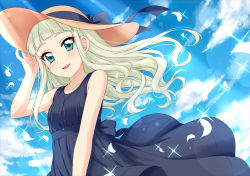Rule 34 | 1girl, :d, absurdres, aikatsu!, aikatsu! (series), bare arms, bare shoulders, blonde hair, blue bow, blue dress, blue eyes, blue sky, blunt bangs, blush, bow, day, dress, fang, floating hair, hand on headwear, hat, hat bow, highres, long hair, looking at viewer, open mouth, orange hat, outdoors, petals, sekina, sky, sleeveless, sleeveless dress, smile, solo, todo yurika