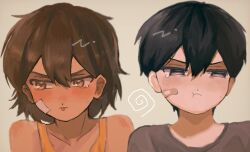 2boys bandaid bandaid_on_face black_eyes black_hair black_shirt blush brown_eyes brown_hair closed_mouth collarbone dark-skinned_male dark_skin highres kel_(faraway)_(omori) kel_(omori) male_focus multiple_boys nat_omogu omori orange_tank_top pout shirt short_hair sunny_(omori) t-shirt tank_top tongue tongue_out